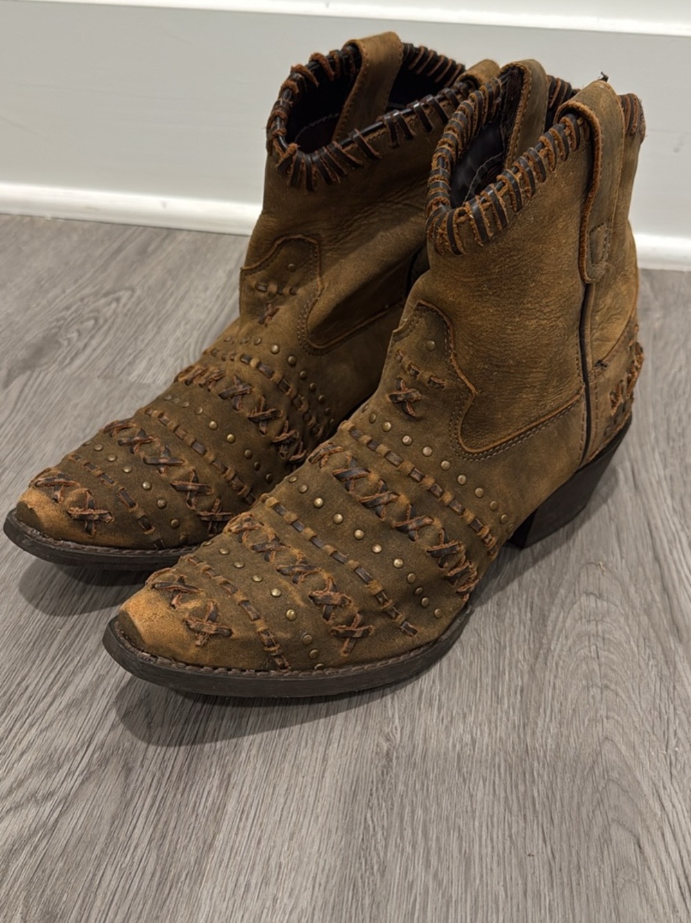 Women’s Brown Studded Suede Heeled Ankle Boots